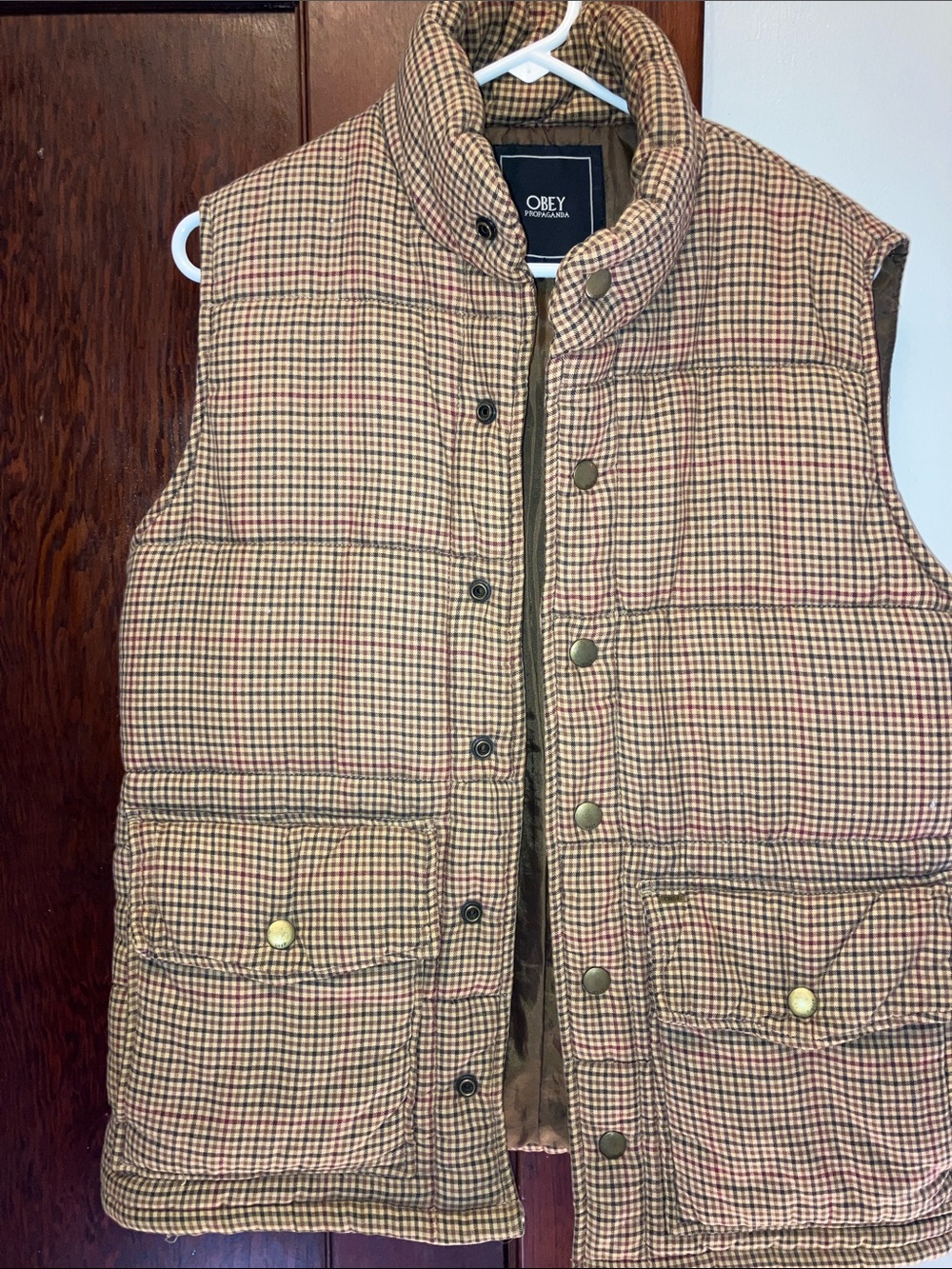 OBEY PROPAGANDA Quilted Houndstooth Puffer Vest in Brown and Beige UNISEX